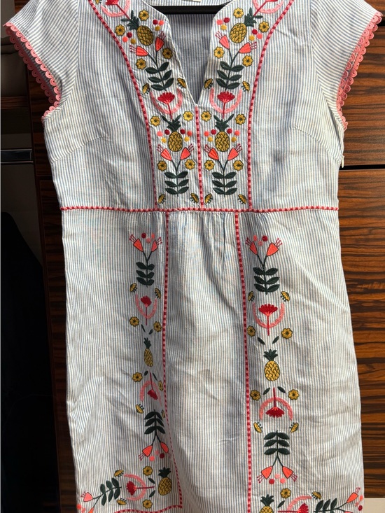 Boden Dresses & Skirts - Boden White & Blue Pinstripe Mini Dress with Pink, Green & Yellow Embroidery